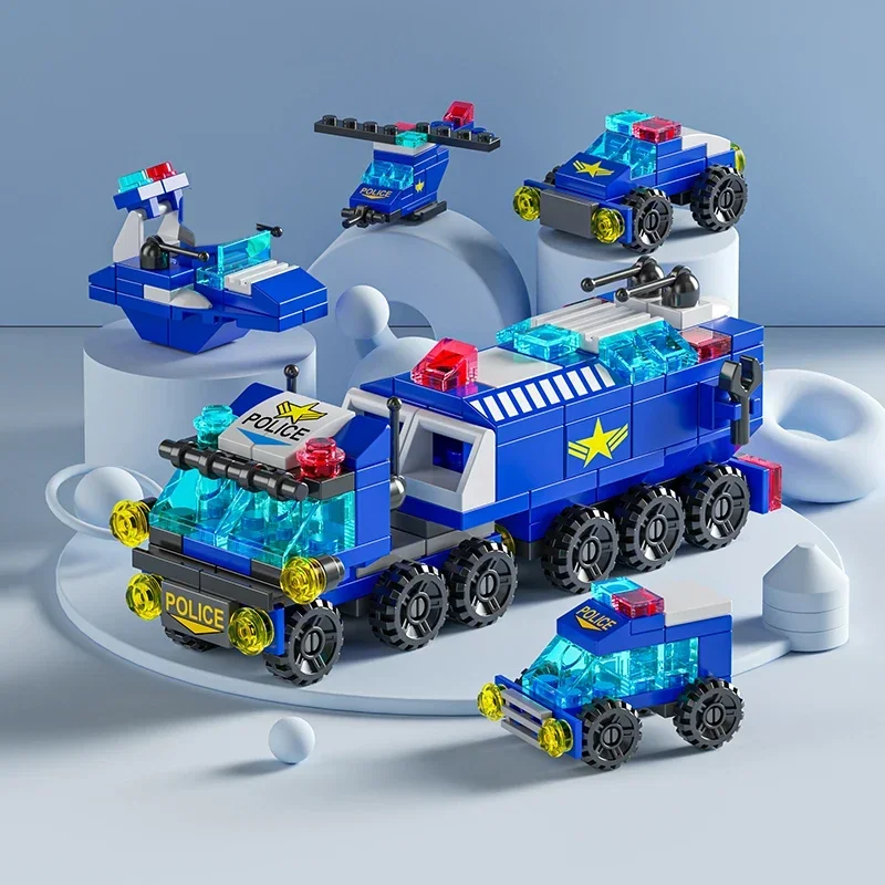 City Fire Car Building Blocks for Children, Police Truck, Engineering Crane, Tank, Helicopter Bricks Set Toys for Kids, 6in 1 - 2
