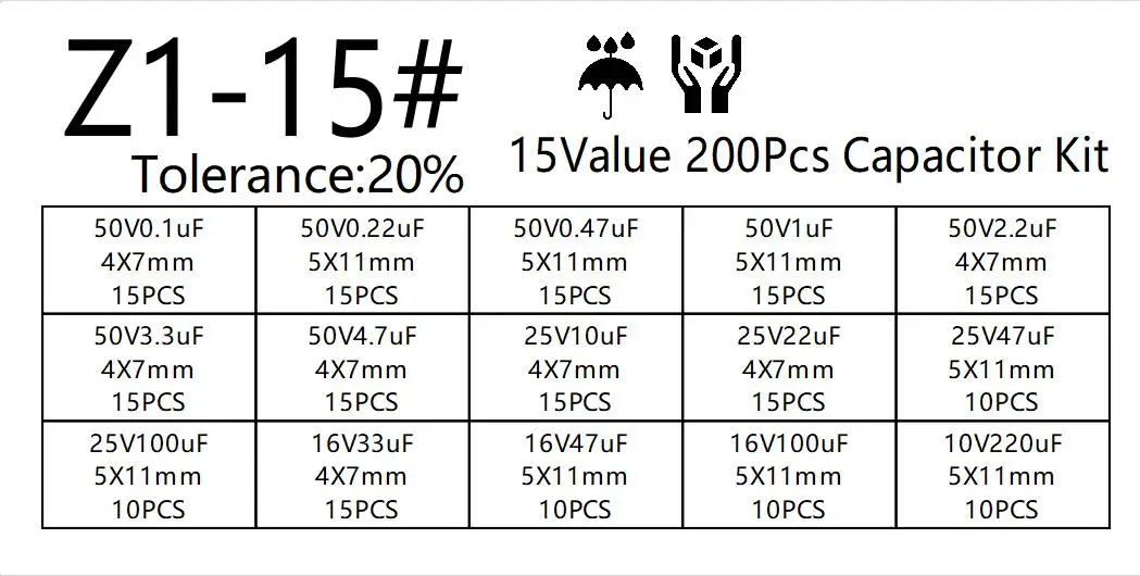 Electrolytic Capacitor Aluminum Electrolytic Capacitor 15values 200pcs Electrolytic Capacitor Organization Storage 0.1-220uF Capacitors Assortment Box Kit