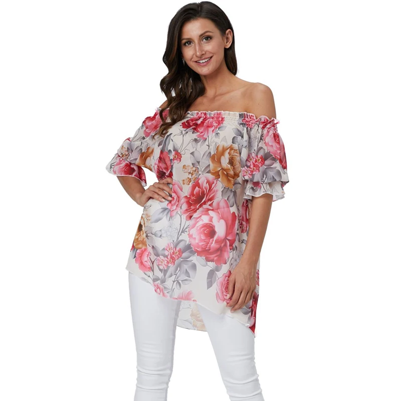 

BHflutter 4XL Plus Size Blouse Women 2019 New Off Shoulder Summer Blouses Tops Ladies Floral Print Casual Loose Chiffon Shirts