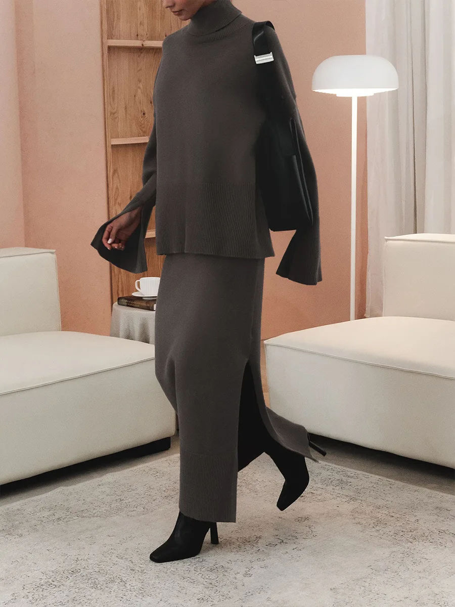 Bornladies Winter New Thick Women's Knitted Skirt Suits Soft 2 Pieces Sets Female  Turtleneck Sweater Wide Skirt Knitted Outfit