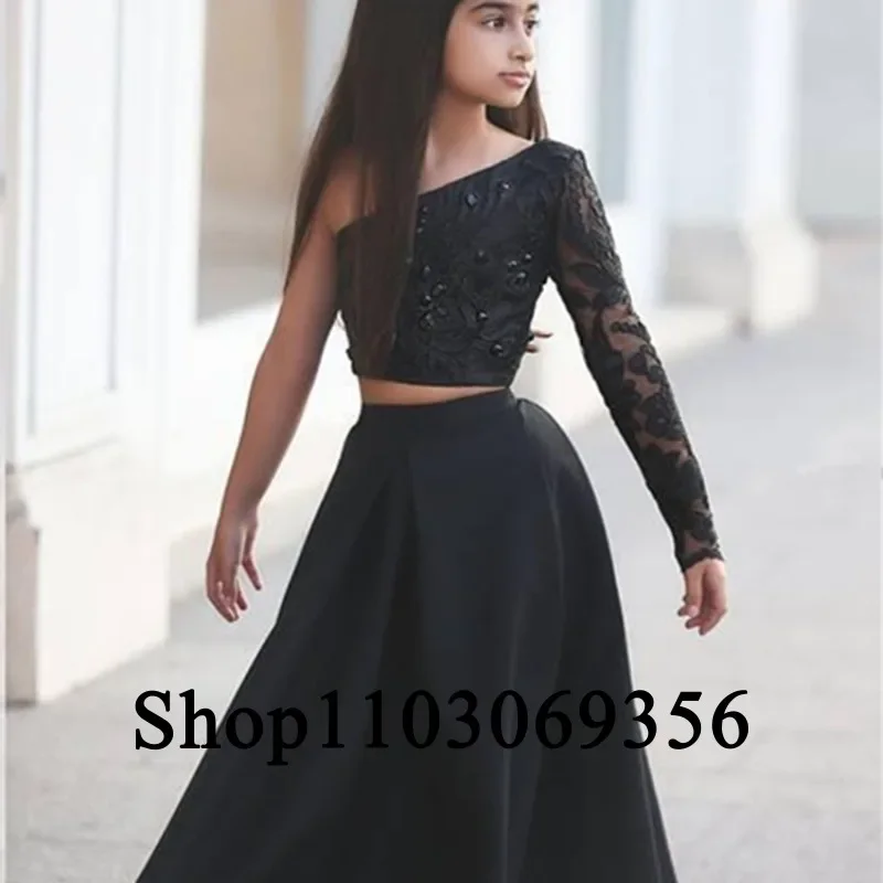 

Flower Girl Dress Separate Black One Shoulder Lace Beaded Children Girl Wedding Birthday Party First Communion Holiday Gown