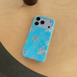Fashion Aesthetic Pink and Blue Glitter Silver Stars Shockproof Phone Case Cover - iPhone 15 (Blue)