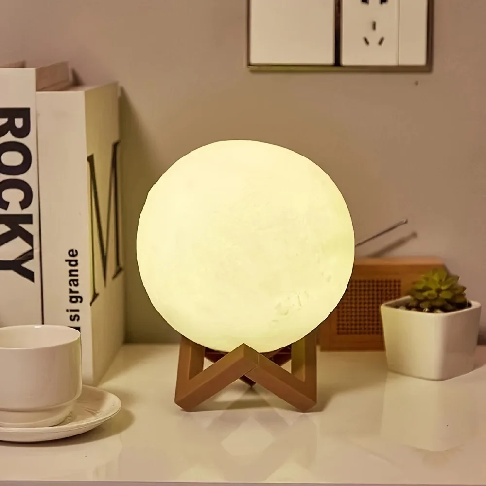 LED Night Light 3D Printed Moon Lamp 12CM Battery-Powered with Stand Starry Sky Light Three-Color Bedroom Decoration Gift