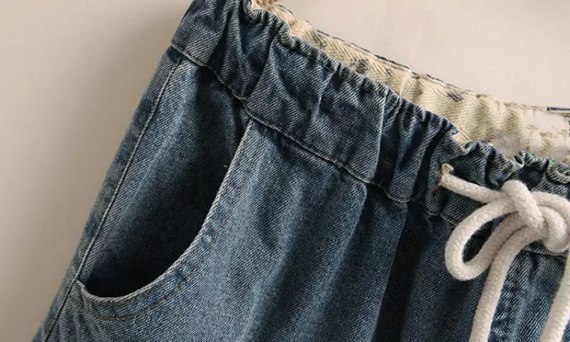 Indie Folk Stickerei Denim Vintage elastische hohe Taille lose weites Bein Damen hose waden lange Hose für Damen bekleidung Mode – Detail 6