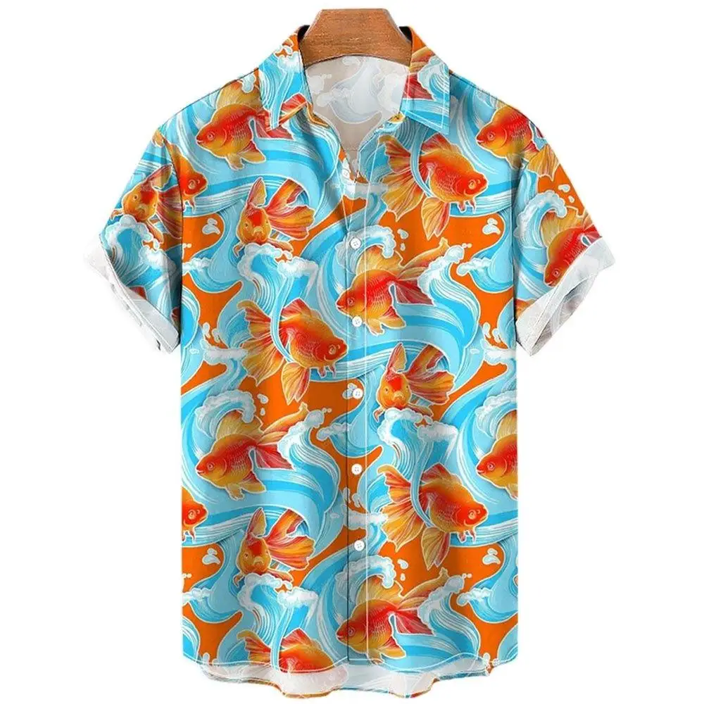 

Summer Men's Shirts Koi Print Chinese Style Hawaiian Beach Shirts Button Down Harajuku Fashion Oversized Unisex Clothes Tops Tee