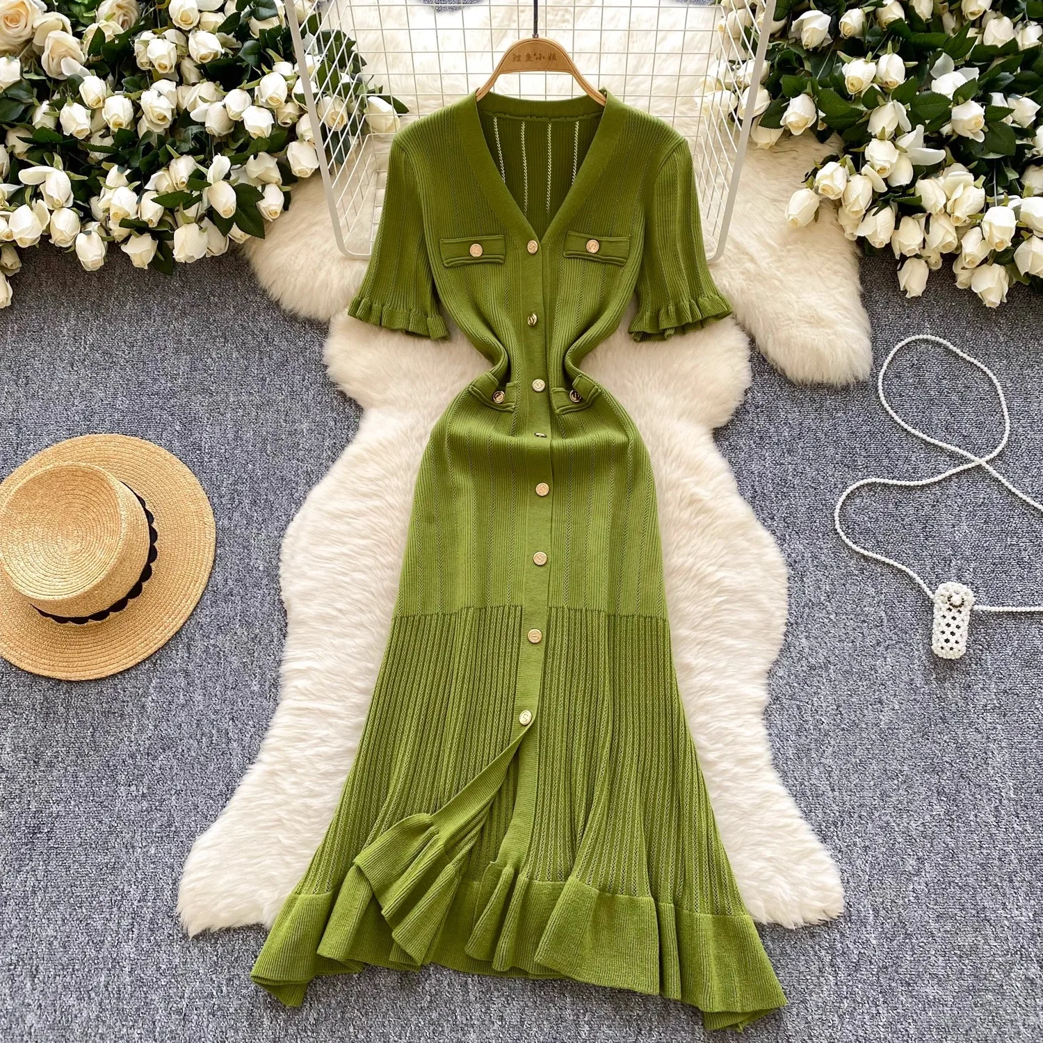 YuooMuoo Nouvelle Collection 2026 Robes Femme Marque Tendance Vintage Col V Volants Tricoté Longue Robe Élégante Soirée Vestidos