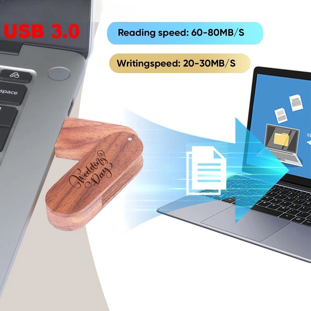 고속 USB 3.0 플래시 드라이브, 투명 커버, 나무 푸시 풀 박스 펜 드라이브, 무료 사용자 정의 로고, USB 스틱, 결혼 선물, 128GB