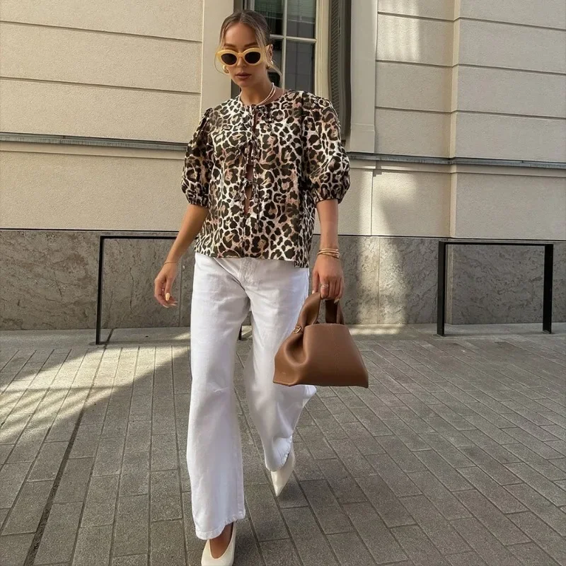 Camisetas con estampado de leopardo para mujer, blusas informales de manga corta con contraste, con cordones, ajustadas, estilo Y2k, camisetas de otoño tipo vendaje