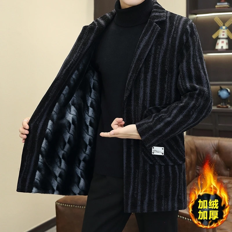 남성용 두꺼운 중간 길이 줄무늬 플러시 모직 코트, 캐쥬얼 스트리트웨어 상의, 플리스 오버코트, 따뜻한 바람막이 재킷, 2024 겨울