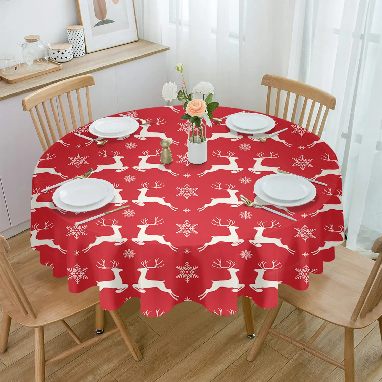 

Christmas Elk Snowflake Texture Round Tablecloth Waterproof Wedding Decor Table Cover Christmas Party Decorative Tablecloth