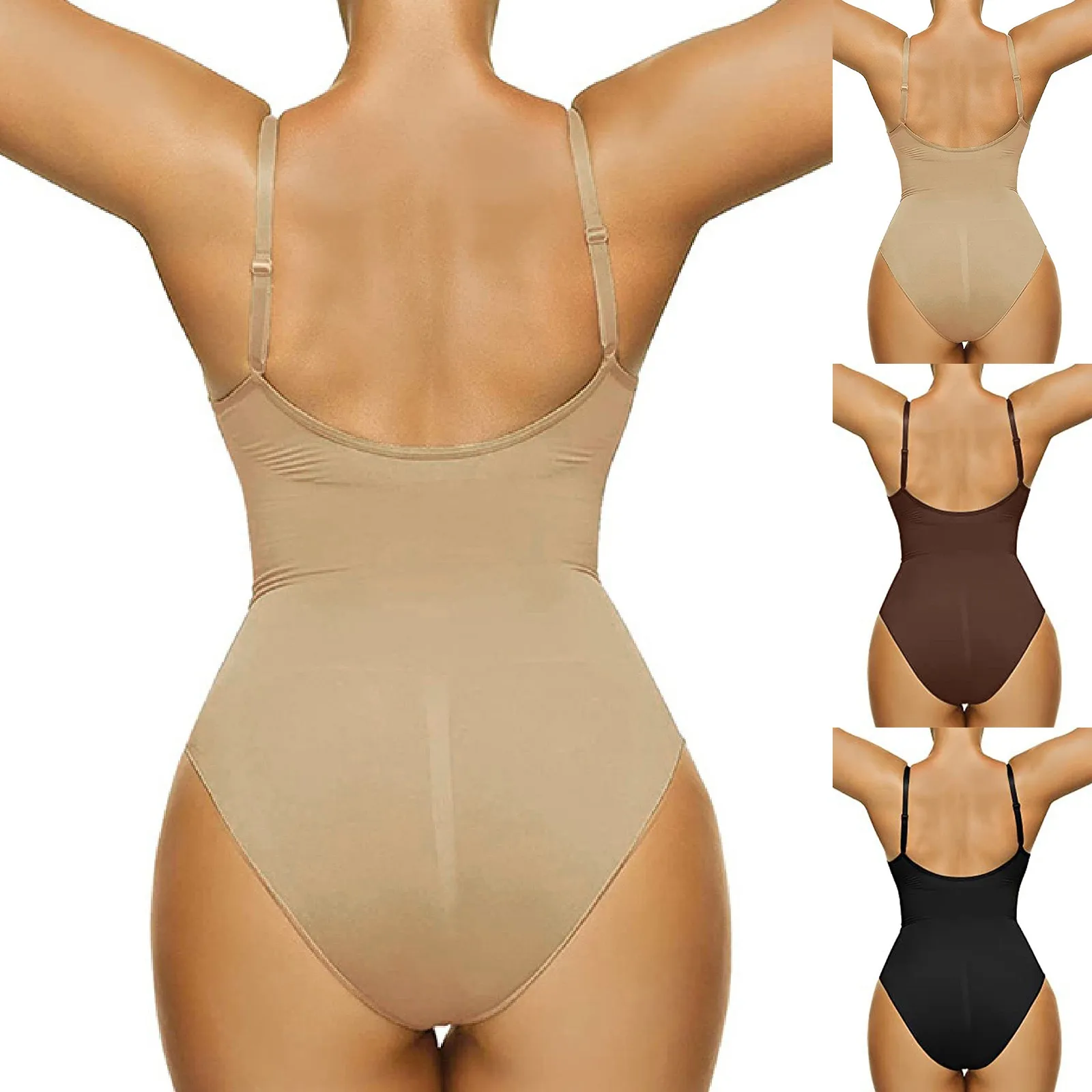 New Women V Neck Spaghetti Strap Bodysuits with Padded Body Suits Open Crotch Shapewear Slimming Body Shaper Smooth Out Bodysuit