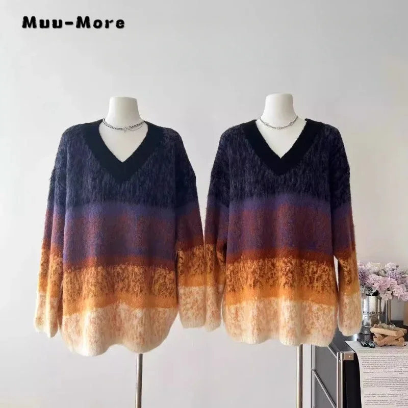 

Женский винтажный вязаный пуловер с длинным рукавом и V-образным вырезом, повседневные полосатые пуловеры, модель 2023 года, зимний модный женский свободный свитер, Топ