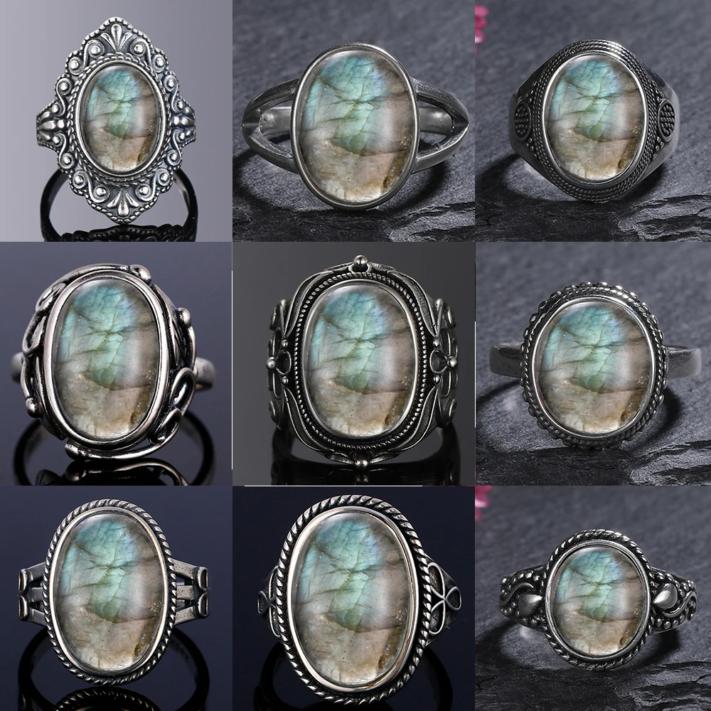 

S925 Sterling SilverRing for Women Oval Round Natural Labradorite Ring Gift Sun Shaped Retro Luxury Fine Jewelry