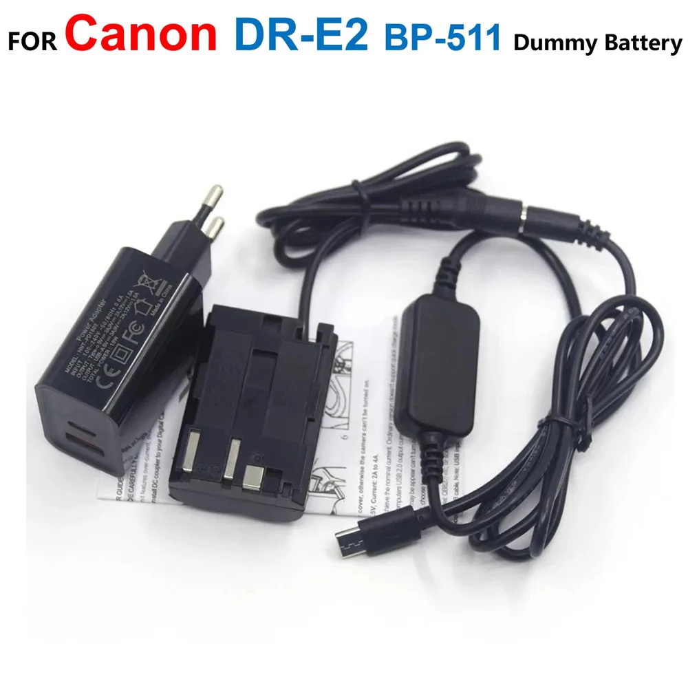 

DR-400 DR-E2 BP-511 Dummy Battery+ACK-E2 USB Type-C Power Bank Cable+PD Charger Adapter For Canon EOS 20D 30D 40D 5D 50D D30 D60