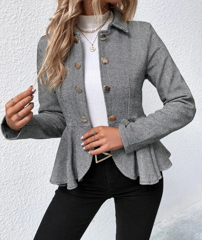 

Women's Jacket 2023 Autumn Fashion Jacquard Ruffled Hem Casual Lapel Long Sleeve Slim Fit Double Breasted Blazer Women's Coat