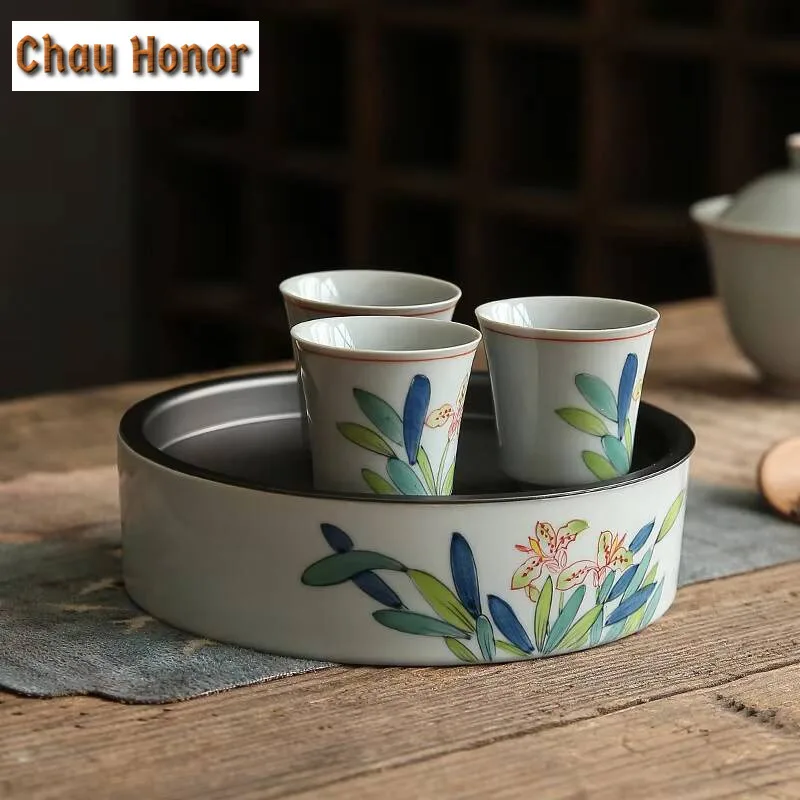 Underglaze Color Hand-painted Iris Flower Pot Handmade Saucer Round Ceramic Tea Tray Water Storage Kung Fu Tea Set Accessories