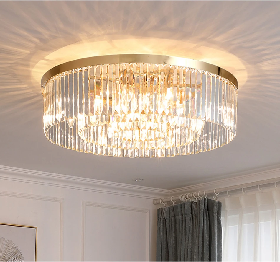 

Round Living Room Crystal Chandelier Luxury Gold Home Decor Ceiling Light Fixture Plated Design Bedroom Led Cristal Lamp