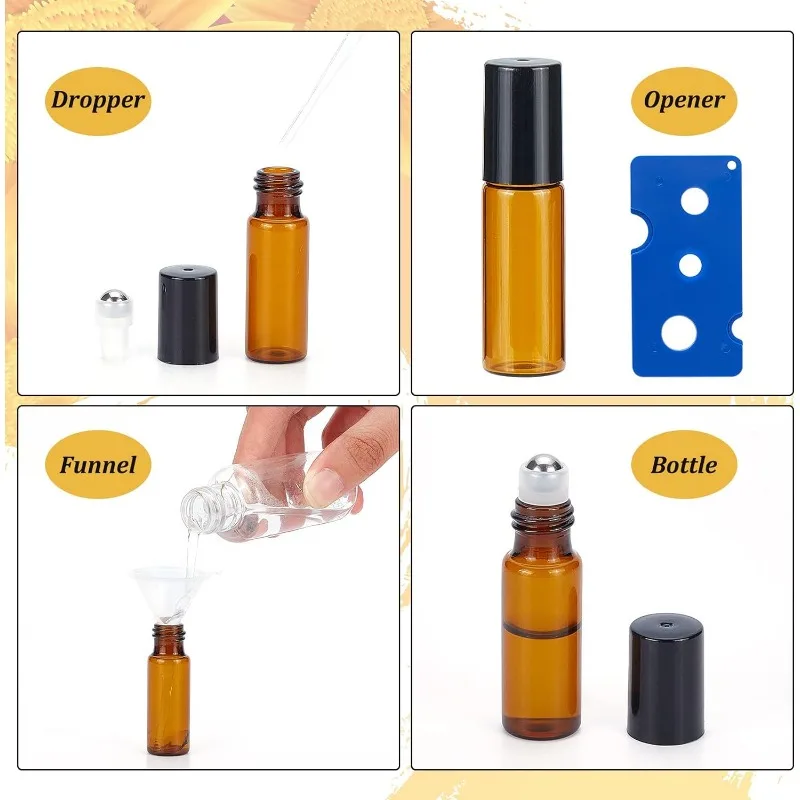 30 Pack 5ml Amber Glass Essential Oils Roller Bottles with Stainless Steel Roller Balls 10Pcs 3ml Droppers 4Pcs Funnels