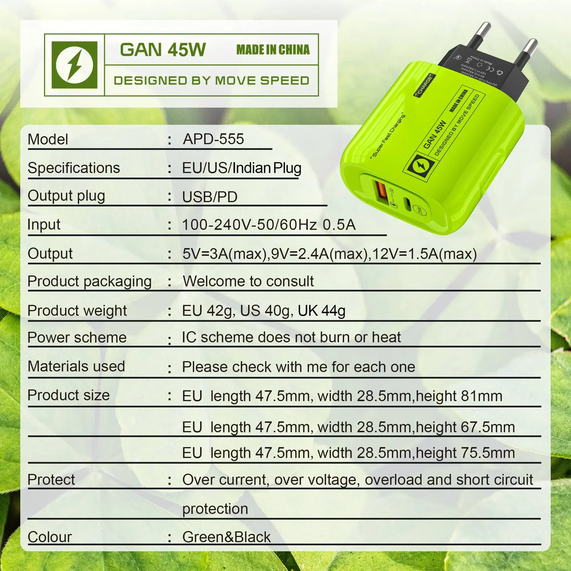 45W Fast Charger PD25W Quickly Charging QC 3.0 2Ports GAN Type-C Phone Chargers for IPhone 15 14/15 Pro Samsung Huawei Xiaomi