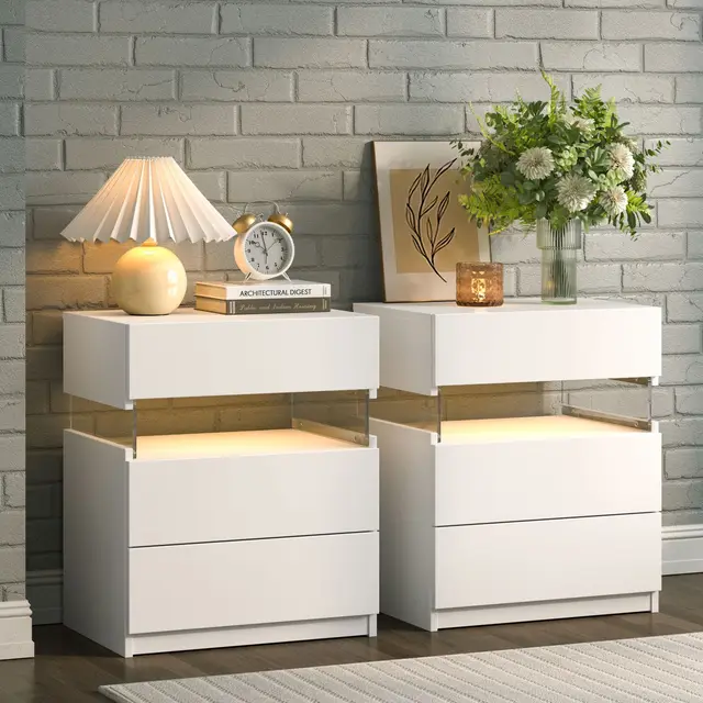 Cubehom Bedside Tables 2 Set with LED Lighting White Bedside Table with 3 Drawers Bedside Table for Bedroom