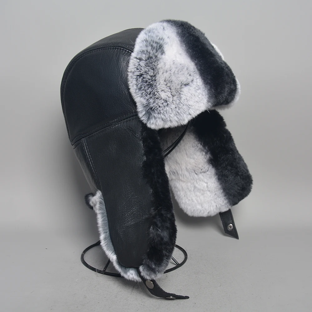 New Unisex Real Rex Rabbit Fur Bomber Hat Ushanka Cap Trapper Russian Men Women Ski Hats Caps Real Sheepskin Leather Winter Warm 5