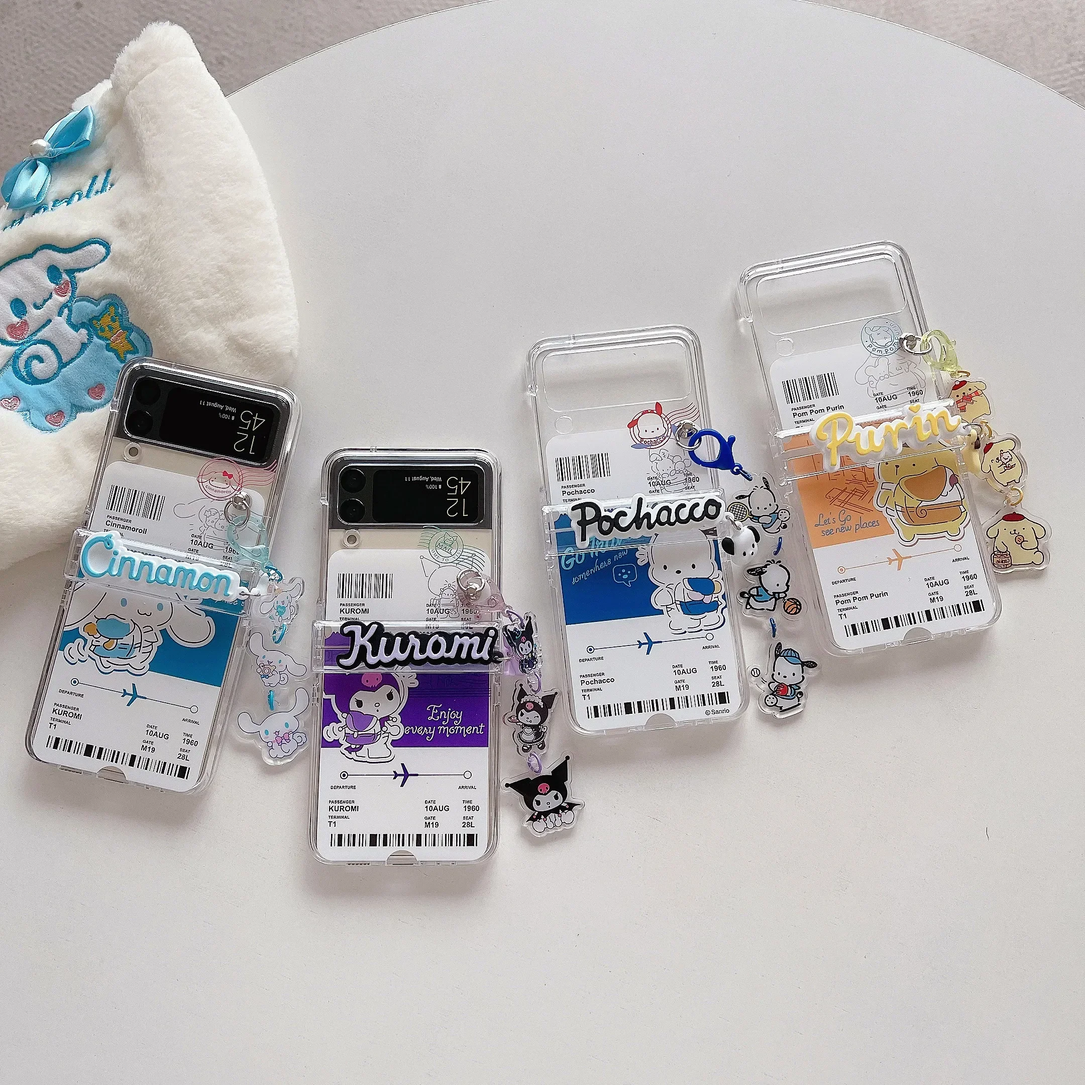 Sanrio Family Cinnamoroll Kuromi Ticket Hand Chain Phone Case Per Samsung Galaxy Z Flip 3 4 5 5G Zflip5 Zflip4 Flip3 Flip4 Cover