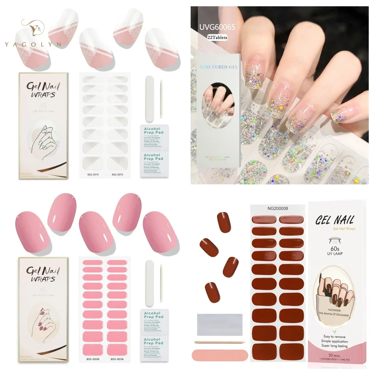16/20/22Tips White Snowflakes Semi-cured Gel Nail Sticker UV Lamp Needed Long Lasting Half Roasted Nail Products Decorations