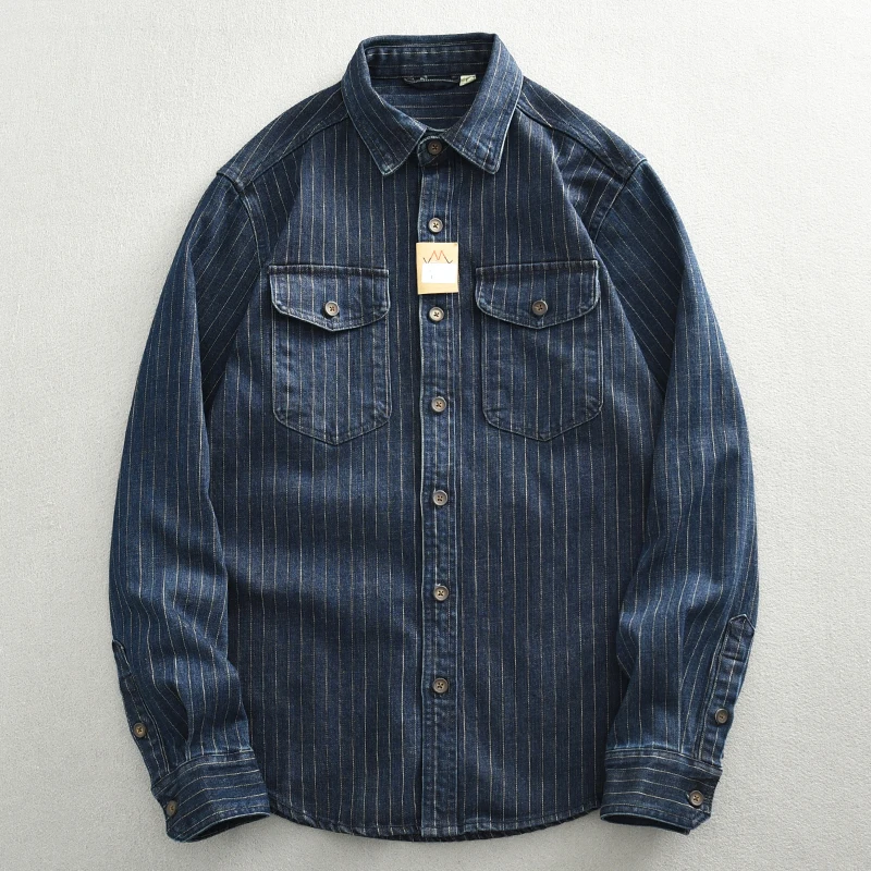 Denim Shirt Long Sleeved Shirt 17oz Heavyweight Retro Casual Wear Men's Shirt Coat Washed Denim Cargo Jeans Oversized Tops Vertical Stripped Long Sleeve Male
