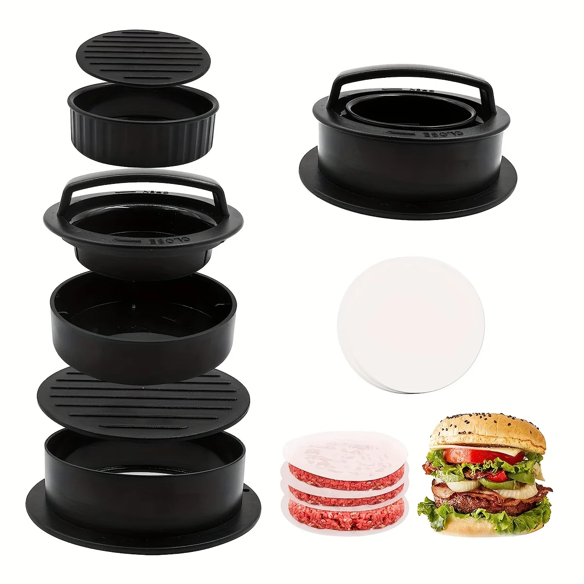 Non Stick Stuffer Hamburger Press Patty Maker Burger Mold Maker Patty Molds 1set with 50 Pcs Wax Hamburger Paper