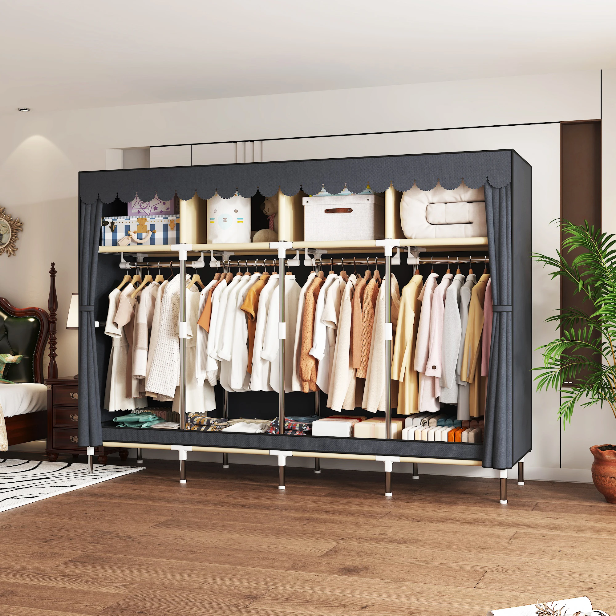 Portable Metal Frame Closet Organizer with Hanging Rods Protective Fabric Cover Bedroom Shoe Cabinet Wardrobe Storage Solution