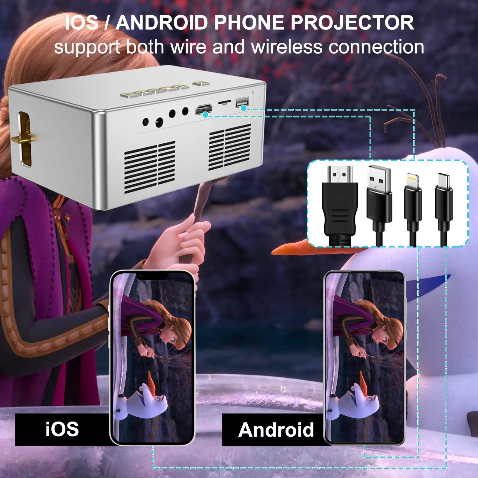 YERSIDA YD10 미니 프로젝터 LED 1080P 해상도 영화 야외 프로젝터 안드로이드/iOS/Windows/TV 스틱/HDMI/USB와 호환 가능