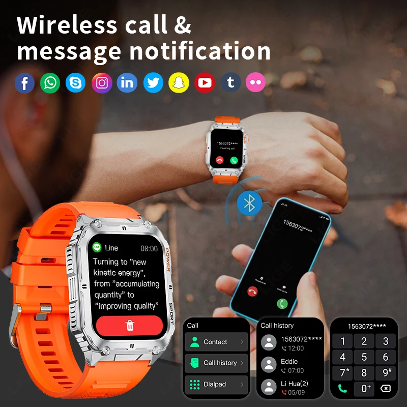 LIGE 1.91 inch HD Screen Smart Watch With Led Lighting IP68 Waterproof Outdoor Sports Health Monitor Smartwatch For Android IOS