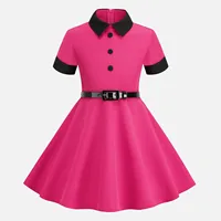 Robe de princesse vintage pour filles, robe de fête à col rabattu et manches courtes avec ceinture, style rétro années 50, robe trapèze rockabilly 4