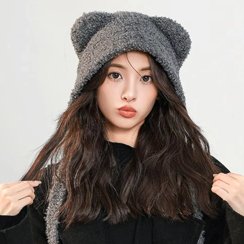 New Bear Ear Knitted Hat Women Winter Thicken Warm Plush Ear Protection Bonnet Cap Headgear Fashion Windproof Beanies Hat winter hat knitted earflap hat knit beanie hat