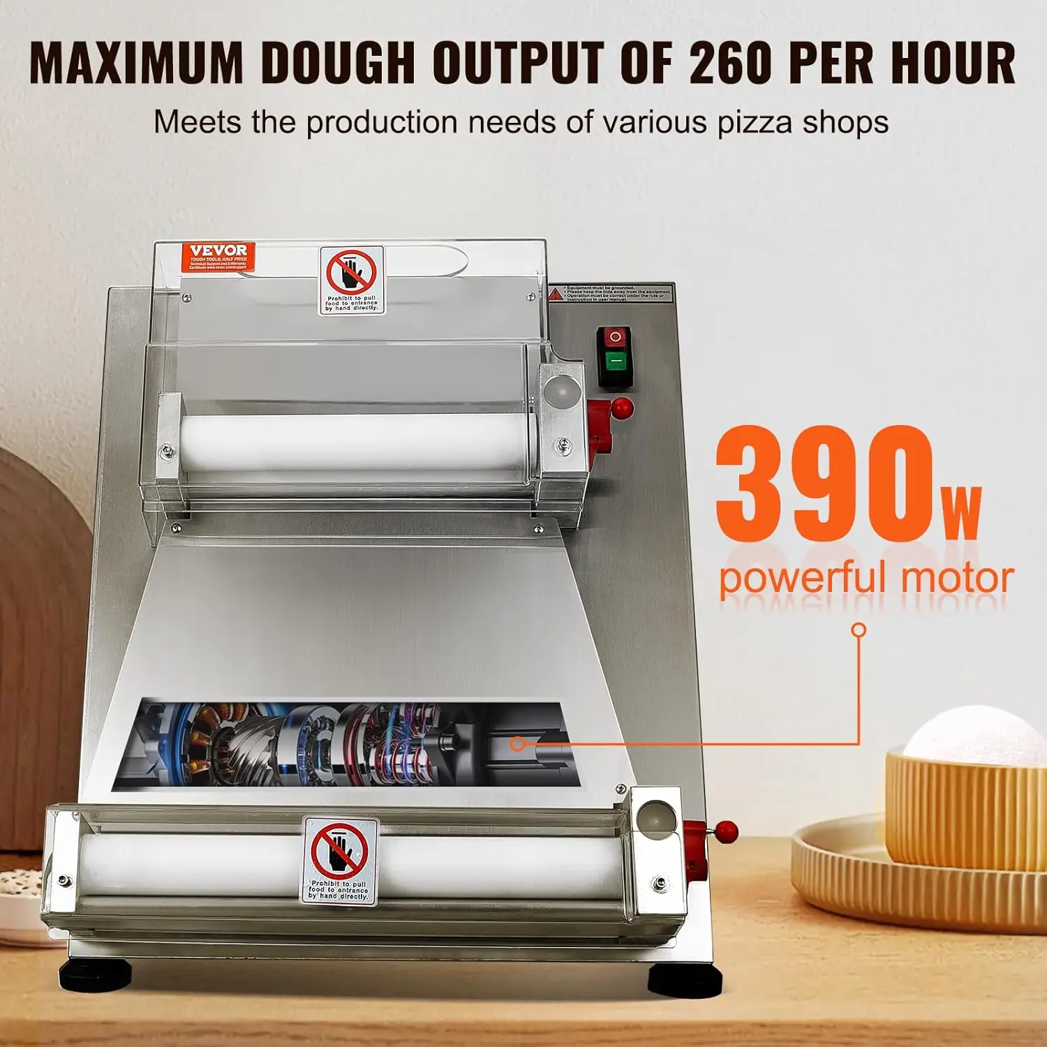 Pizza Dough Roller Sheeter, 3-15 Inch Automatic Commercial Pizza Press, 390W Electric 260 Per Hour Dough Roller