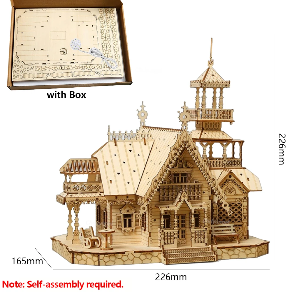 DIY Villa 3D Wooden Model Kit with Light Castle Puzzles Assembly Toy Kid Adult DIY Model Kits Desk Decoration for Gift 6
