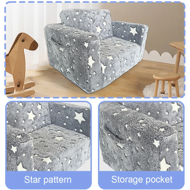 Comfy Toddler Chair Folding Out 2-in-1 Toddler Soft Couch Fold Out Glow in Dark Convertible Plush Foam Chair for Girls and Boys