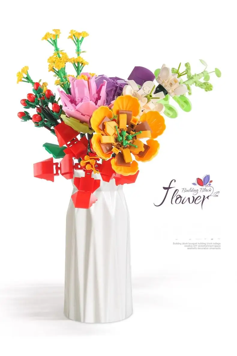 Eternal Rose Sunflower Bouquet Building Blocks, DIY Mini Bricks for Adults, No W