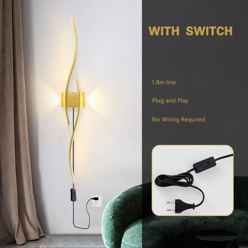 북유럽 블랙 화이트 LED 벽 조명, 플러그 포함, 침실, 거실, 실내 벽 조명기구, 복도, 가정용 벽 스콘스