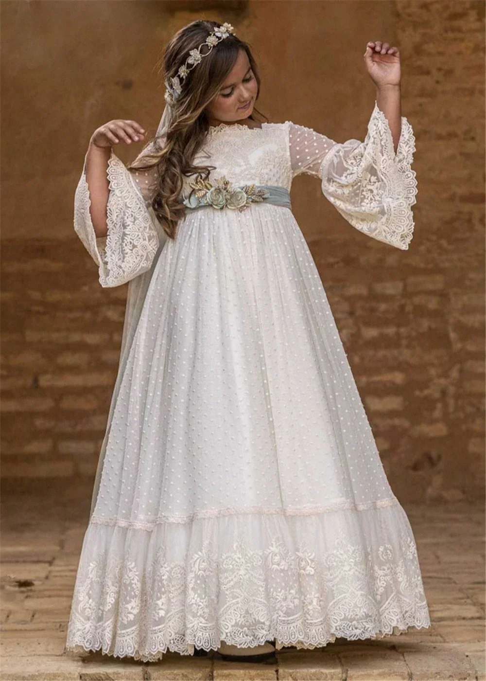 Flower Girl Dress First Communion Gowns For Kid Birthday Gift Vintage Princess Lace Floral Ribbon Belt Wedding Elegant Dresses