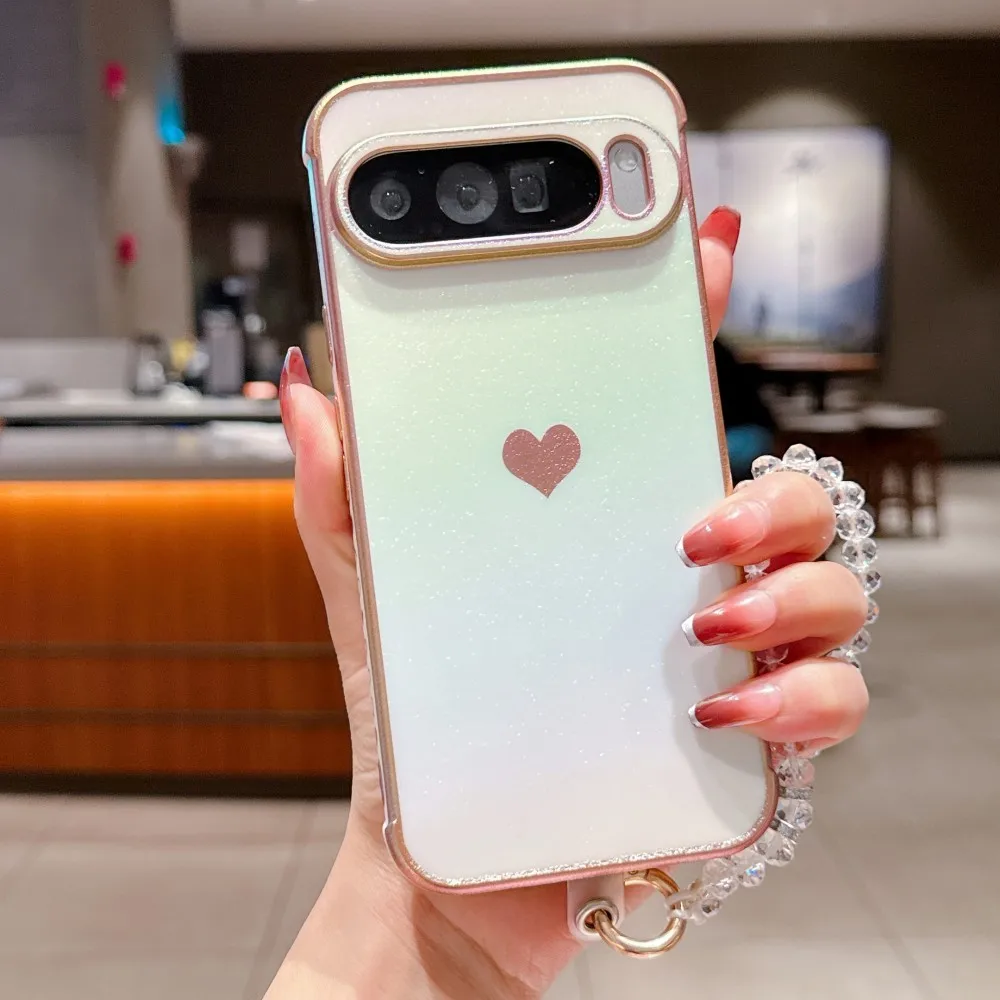 Electroplating Love Heart Phone Case with Crystal Chain Silicone Cover