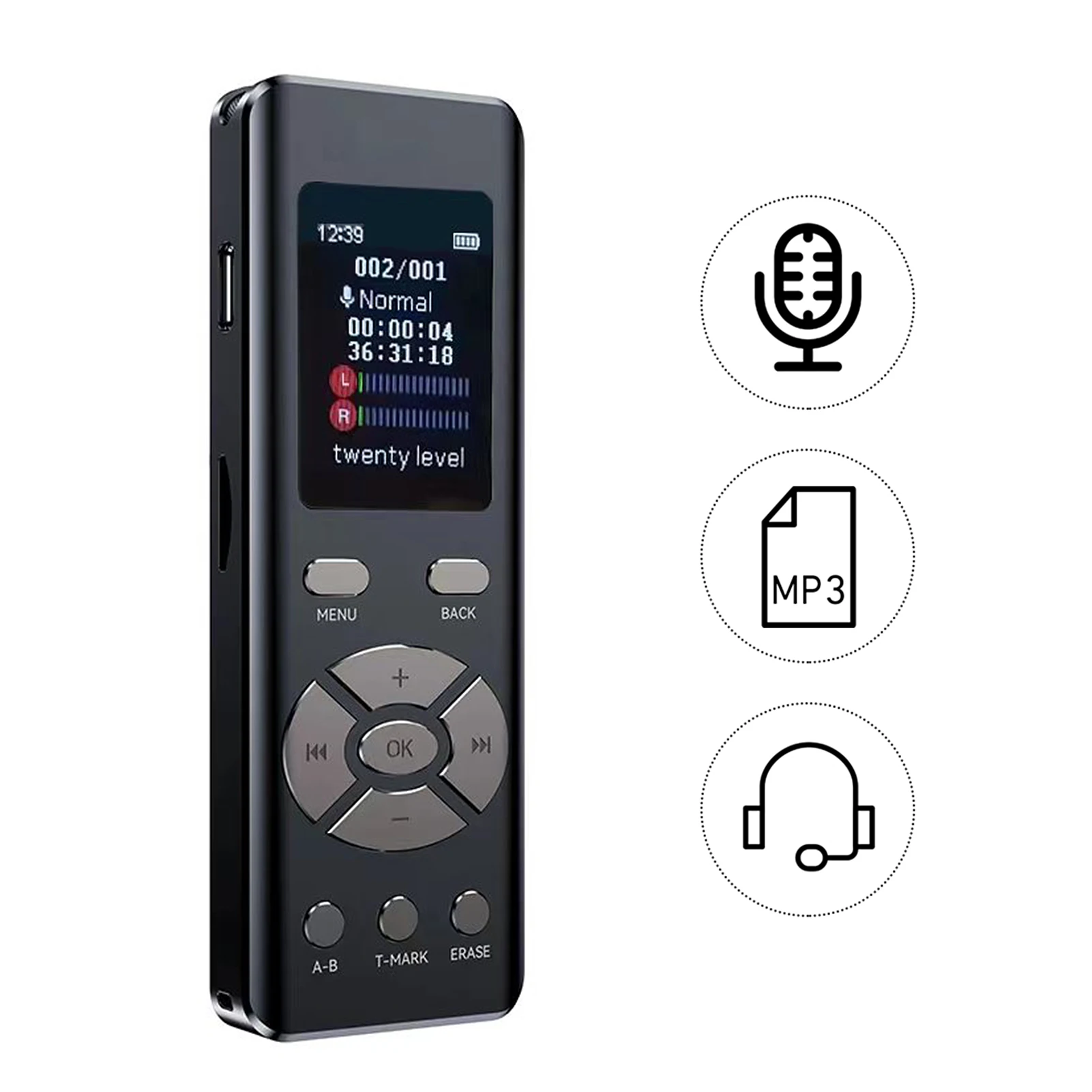 16GB Intelligent Noise Reduction Voice Recorder Microphone High-fidelity A-B Loop Playback MP3 2-Channel Stereo Recording
