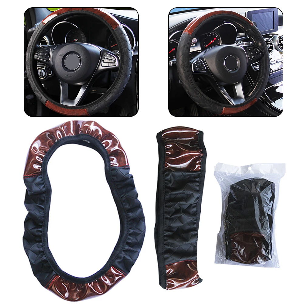 

Wood Grain Faux Leather Car Steering Wheel Cover 14.5 To 15.5 Inch Diameter Anti Slip Dustproof Steering Wheel Cover Trim