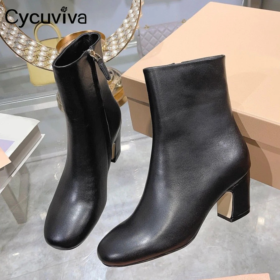

Black Genuine Leather Chelsea Ankle Boots For Women Chunky Heels Party Dress Shoes Autumn Brand Round Motorcycle Boots Female
