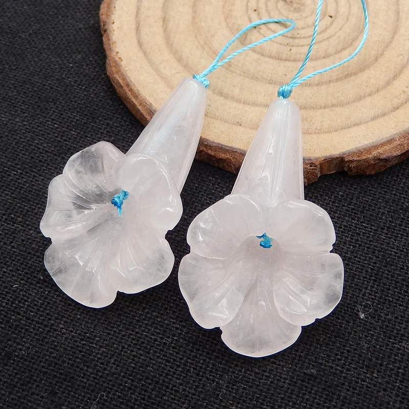 Hot Sale Trendy Carved Rose Quartz Flower Earring Beads 37x22x12mm 13g Fashion Jewelry Accessory For Women