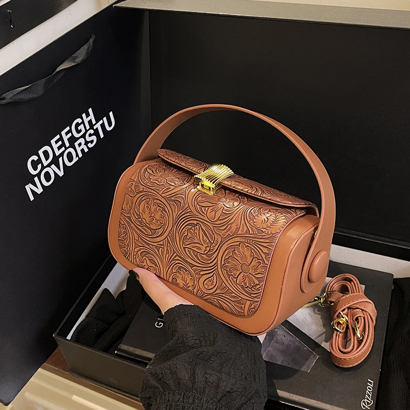 Vintage-Prägung-Umhängetasche für Damen, vielseitige Retro-Umhängetasche, quadratische Taschen, 2025, neue Handtaschen aus Leder mit großer Kapazität – Detail 3