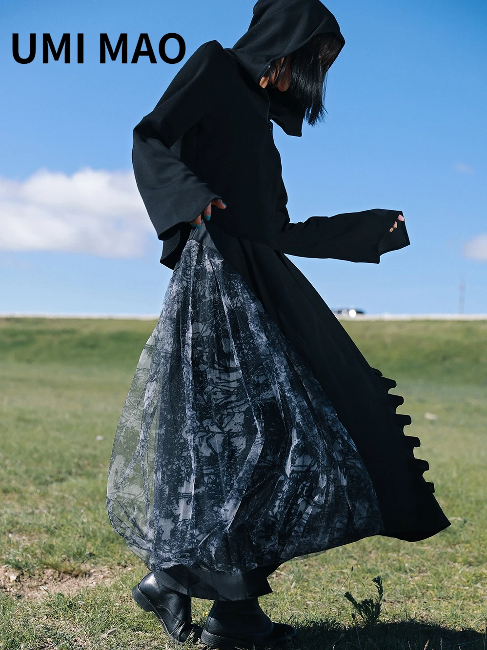 

UMI MAO Yamamoto Dark Tie Dyed Mesh Spliced Half-length Dress Women Early Spring Small Style Design Slim Large Swing Skirt