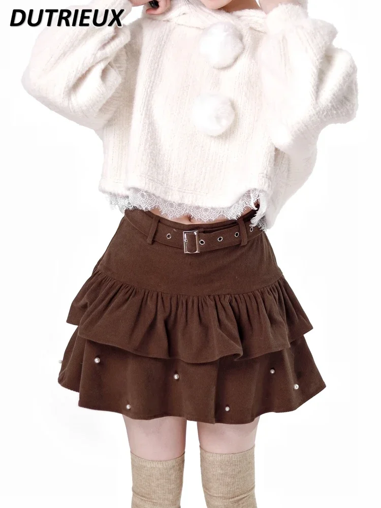 

Sweet Cute Girl High Waist Ruffles All-Matching Short Skirt Spring and Summer Pearl Decoration Belt Cake Skirts for Women