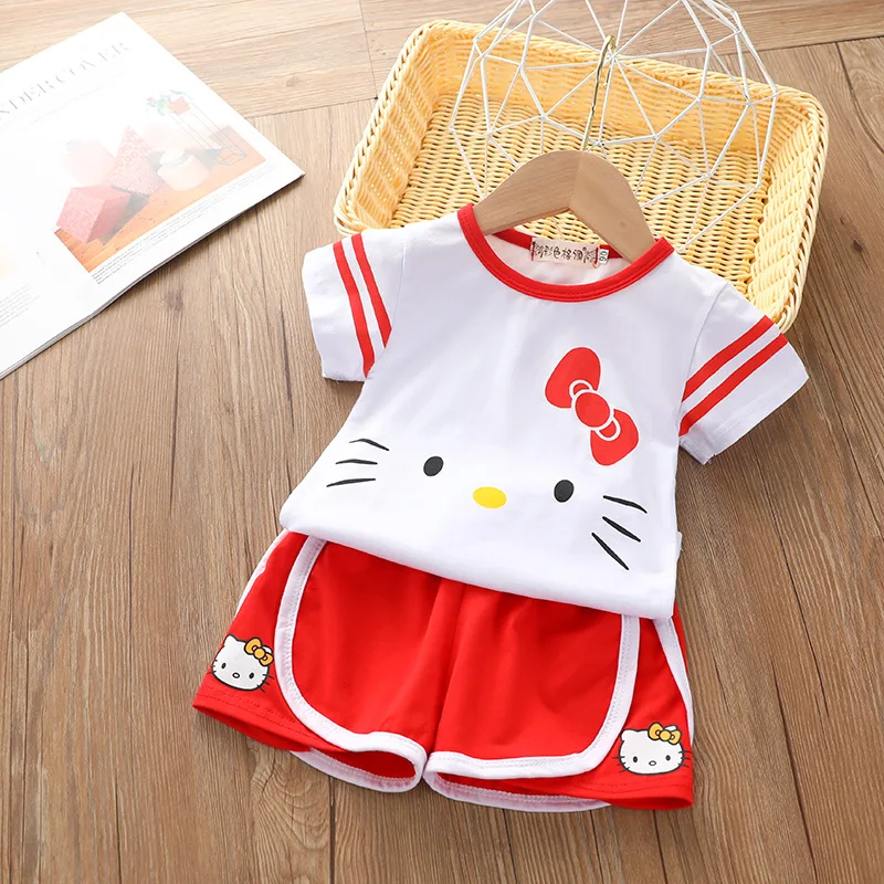 thumbnail image 1 of Hello Kitty nueva ropa para niños verano niñas lindo estampado de gato de dos piezas de algodón cuello redondo Camiseta + conjunto de pantalones cortos, 1 of 5