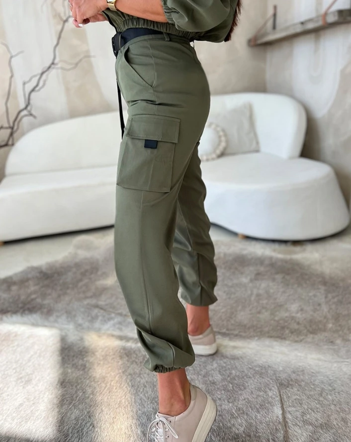 Fashion Women Casual Two Piece Set Long Sleeve Stand Collar Pocket Design Buckle Buttoned Cargo Top and Sport Cuffs Pants Set